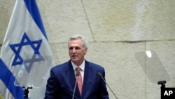 U.S. Speaker of the House Kevin McCarthy addresses lawmakers during a session of the Knesset, Israel's parliament, in Jerusalem, May 1, 2023.