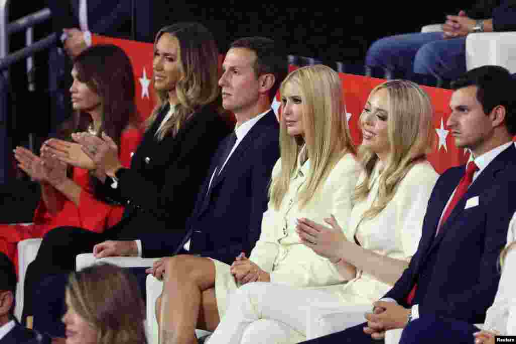 Kimberly Guilfoyle, Lara Trump, Jared Kushner, Ivanka Trump, Michael Boulos, and Tiffany Trump look on as Republican presidential nominee and former U.S. President Donald Trump speaks on Day 4 of the Republican National Convention at the Fiserv Forum in Milwaukee, Wisconsin, July 18, 2024.&nbsp;
