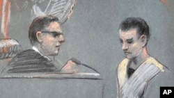 FILE - Massachusetts Air National Guardsman Jack Teixeira appears in U.S. District Court in Boston, April 14, 2023, in this courtoom sketch. Teixeira, accused of leaking classified military documents, is expected to plead guilty in his case.
