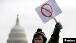 Յոթնամյա Փեյթոն Թրիմոնթը ԱՄՆ Կոնգրեսի շենքի առջև՝ զենքերի նկատմամբ վերահսկողությունը խստացնելու պահանջով ցույցի ժամանակ, հունվարի 26 2013թ․։