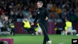 Spain's women national team coach Jorge Vilda gestures during the Women's World Cup soccer final between Spain and England at Stadium Australia in Sydney, Australia, Aug. 20, 2023.