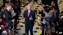 FILE - House Speaker Kevin McCarthy speaks with members of the press about debt limit negotiations, on Capitol Hill in Washington, May 24, 2023.