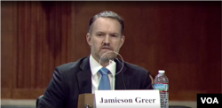 国际贸易律师、前美国贸易代表莱特希泽的幕僚长贾米森·格里尔(Jamieson Greer)2024年5月23日在美中经济与安全审查委员会的听证会上就美中贸易关系作证。