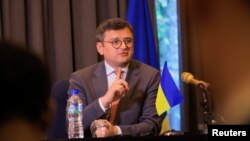 Ukrainian Foreign Minister Dmytro Kuleba speaks at a press conference regarding the situation in Ukraine, during his visit to Addis Ababa, Ethiopia, May 24, 2023.