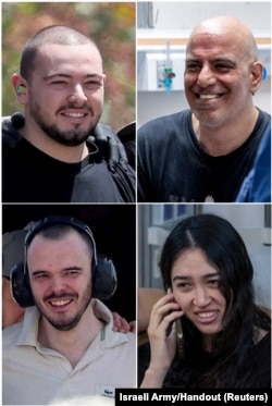 A combination picture shows (clockwise from top left) former hostages Almog Meir Jan, Shlomi Ziv, Noa Argamani and Andrey Kozlov after their arrival in Ramat Gan, Israel, June 8, 2024. (Israeli Army/Handout via Reuters)