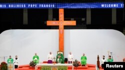 Pope Francis attends the Holy Mass in the Steppe Arena, during his Apostolic Journey in Ulaanbaatar, Sept. 3, 2023. (Vatican Media/­Handout via Reuters)