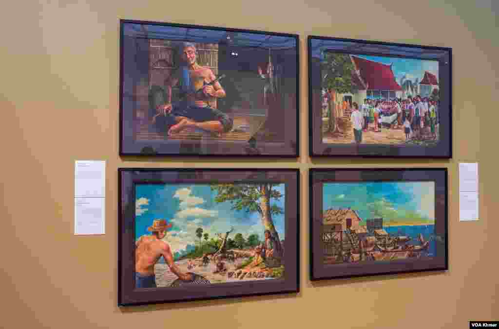 ផ្ទាំងគំនូរបង្ហាញពីជីវិតរស់នៅប្រចាំថ្ងៃរបស់ប្រជាជនខ្មែរត្រូវបានដាក់តាំងពិព័រណ៍នៅក្នុងវិចិត្រសាលនៃសាកលវិទ្យាល័យ Michigan ក្នុងក្រុង Ann Arbor ថ្ងៃទី ៥ ខែមេសា ឆ្នាំ២០២៤។ (នីណា យ៉េង/វីអូអេ) 