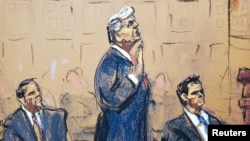 El expresidente de EEUU, Donald Trump, junto a sus abogados durante su audiencia de declaración por los cargos por tratar de anular su derrota en las elecciones de 2020. Dibujo de la sesión en un tribunal federal de Washington, el 3 de agosto de 2023.