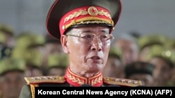 FILE - North Korea's Defense Minister Kang Sun Nam speaks during ceremonies for a military parade to mark a key anniversary of the Korean War at Kim Il Sung Square in Pyongyang, July 27, 2023.