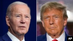 In this combination of photos, President Joe Biden, left, speaks on Aug. 10, 2023, in Salt Lake City, Utah, and former President Donald Trump speaks on June 13, 2023, in Bedminster, New Jersey.