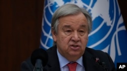 FILE - U.N. Secretary-General Antonio Guterres speaks at a news conference in Baghdad, Iraq, March 1, 2023. 