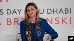 Olena Zelenska, First Lady of Ukraine reacts during her Q&A session during the International Women's Day in Abu Dhabi, United Arab Emirates, Wednesday, March 8, 2023.