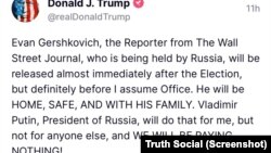 Objava Donalda Trampa na mreži Truth Social (screenshot)