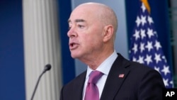Secretary of Homeland Security Alejandro Mayorkas speaks during a press briefing, July 15, 2024, at the White House in Washington.
