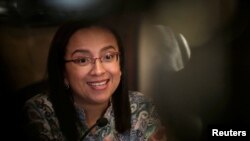 FILE - Nicaraguan journalist Lucia Pineda Ubau, who was arrested and imprisoned for six months for her work, speaks to the media in San Jose, Costa Rica, June 14, 2019, after her release.