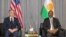 US Secretary of State Antony Blinken, left, meets with Nigerien Foreign Minister Hassoumi Massoudou at the Diori Hamani International Airport in Niamey, Niger, on March 16, 2023.