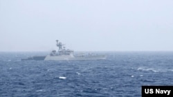 FILE - The Indian navy's Blackwood-class frigate INS Kirpan transits the Bay of Bengal, July 15, 2017.