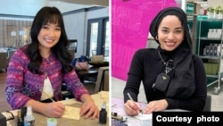 Nathania Dianda (kiri) dan Telisa Rossein (kanan), seniman kaligrafi di AS dan Kanada (dok: VOA, Telisa Rossein)