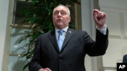 House Majority Leader Steve Scalise talks to reporters as he announces he is ending his bid to be the next House speaker after a Republican meeting at the Capitol in Washington, Oct. 12, 2023.