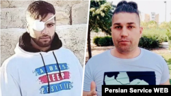 رضا نوروزی، فعال سیاسی مشروطه‌خواه (راست) و حسین حسین‌پور، از قربانیان شلیک عامدانه ماموران امنیتی جمهوری اسلامی به چشم معترضان 