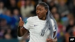France's Kadidiatou Diani celebrates after scoring her side's second goal during the Women's World Cup Group F soccer match between France and Panama at the Sydney Football Stadium in Sydney, Australia, Aug. 2, 2023. 