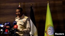 FILE - General Mohamed Hamdan Dagalo speaks during a press conference at Rapid Support Forces headquarters in Khartoum, Sudan, Feb. 19, 2023. 