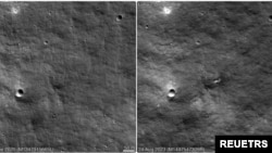 A combination picture of NASA Lunar Reconnaissance Orbiter (LRO) images shows the surface of the moon on June 27, 2020 and August 24, 2023, before and after the appearance of a crater, likely the impact site of Russia's Luna-25 mission.