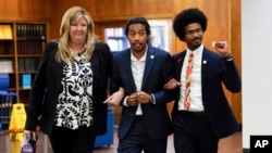 State Representative Gloria Johnson, left, Justin Jones, center, and Justin Pearson arrive at Fisk University, Tennessee, April 7, 2023.