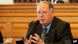 Kansas House Speaker Dan Hawkins, R-Wichita, speaks to fellow House Republicans ahead of a successful vote to override Gov. Laura Kelly's veto of a bill banning transgender athletes from girl's and women's sports, April 5, 2023, in Topeka, Kansas.
