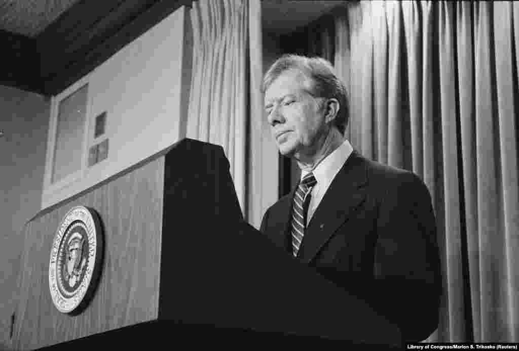 U.S. President Jimmy Carter announces new sanctions against Iran in retaliation for taking American hostages, at the White House, Washington, D.C., April 7, 1980.