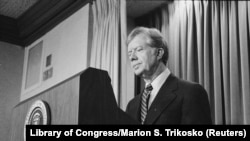 U.S. President Jimmy Carter announces new sanctions against Iran in retaliation for taking U.S. hostages, at the White House, Washington, D.C., April 7, 1980.