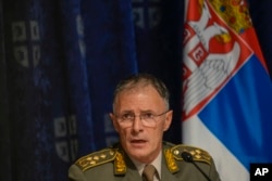 Serbian Army Chief of Staff Gen. Milan Mojsilovic speaks during a press conference in Belgrade, Serbia, Oct. 2, 2023.