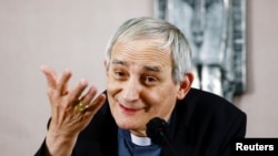 FILE - President of the Italian Bishops' Conference, Cardinal Matteo Zuppi, speaks during a news conference in Rome, May 27, 2022. Pope Francis the cardinal to carry out a peace mission to try to help end the war in Ukraine, the Vatican said on Saturday.