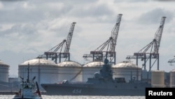 Russian frigate Admiral Gorshkov gets ready to leave Cape Town harbour en route to Durban where it is scheduled to do naval exercises with the South African and Chinese navies, in Cape Town, South Africa, Feb. 15, 2023. 