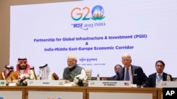 Saudi Arabian Crown Prince Mohammed bin Salman Al Saud, left, Indian Prime Minister Narendra Modi, center, and U.S. President Joe Biden attend Partnership for Global Infrastructure and Investment event on the day of the G20 summit in New Delhi, India, Sept. 9, 2023.