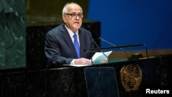 Palestinian Ambassador to the U.N. Riyad Mansour addresses delegates during the U.N. General Assembly before voting on a draft resolution to recognize the Palestinians as qualified to become a full U.N. member, in New York, May 10, 2024.