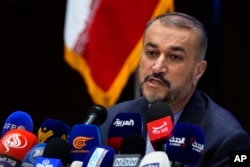 FILE - Iranian Foreign Minister Hossein Amirabdollahian speaks during a press conference at the Iranian Embassy in Beirut, Lebanon, April 28, 2023.