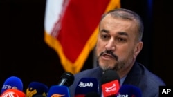 Iranian Foreign Minister Hossein Amirabdollahian speaks during a press conference at the Iranian Embassy in Beirut, Lebanon, April 28, 2023. 