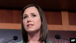 FILE - Republican Sen. Katie Britt speaks during a news conference on the border, Feb. 15, 2023, on Capitol Hill in Washington.