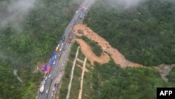 A collapsed section of a highway is seen near Meizhou, in southern China’s Guangdong province, May 1, 2024. (CNS via AFP)