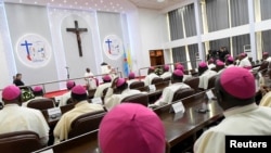 FILE - Pope Francis meets Roman Catholic bishops in Kinshasa, Democratic Republic of the Congo, Feb. 3, 2023. (Vatican Media/­Handout via Reuters)
