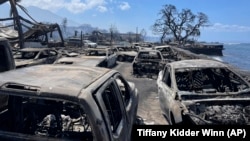In this photo provided by Tiffany Kidder Winn, burned-out cars sit after a wildfire raged through Lahaina, Hawaii, on Aug. 9, 2023. 