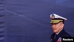 Taiwan Navy Commander Tang Hua attends the delivery ceremony of six made-in-Taiwan Tuo Chiang-class corvettes at a port in Yilan, Taiwan March 26, 2024. 