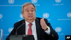 U.N Secretary-General Antonio Guterres addresses reporters during a visit to the U.N. office in Nairobi, Kenya, May 3, 2023. He said the international community needed to pressure warring generals in Sudan to stop fighting.