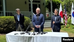 U.S. Deputy Secretary of State Kurt Campbell speaks to journalists after welcoming Japanese Vice Foreign Minister Masataka Okano and South Korean Vice Foreign Minister Kim Hyong Kyun, at his farm in Little Washington, Va., May 31, 2024.