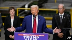 Republican presidential nominee Donald Trump speaks at a campaign event at Precision Components Group, Aug. 19, 2024, in York, Pa.