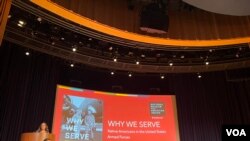 Author Alexandra Harris (at podium) speaks at a Memorial Day event at the National Museum of the American Indian in Washington, May 27, 2024. (Isabella Dail/VOA)
