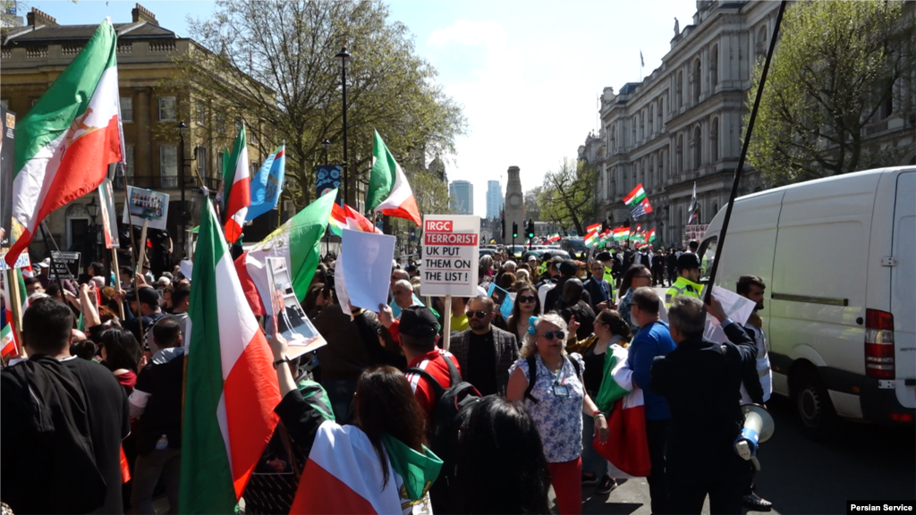تجمع و راهپیمایی اعتراضی در لندن با درخواست افزوده شدن سپاه به فهرست سازمان&zwnj;های تروریستی - شنبه ۹ اردیبهشت ۱۴۰۲