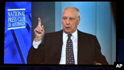 Former Australian Prime Minister Paul Keating appears by video link as he addresses the National Press Club in Canberra, March 15, 2023. 