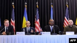 German Defense Minister Boris Pistorius, U.S. Joint Chiefs Chairman General Charles Brown, U.S. Defense Secretary Lloyd Austin and Ukrainian Defense Minister Rustem Umerov attend a Ukraine Defense Contact Group meeting at Ramstein U.S. Air Base, Germany, March 19, 2024.